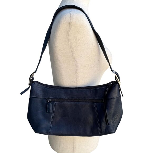 Tignanello Navy Leather Adjustable Strap Silver Color Hardware Zip Shoulder Bag - Picture 1 of 8